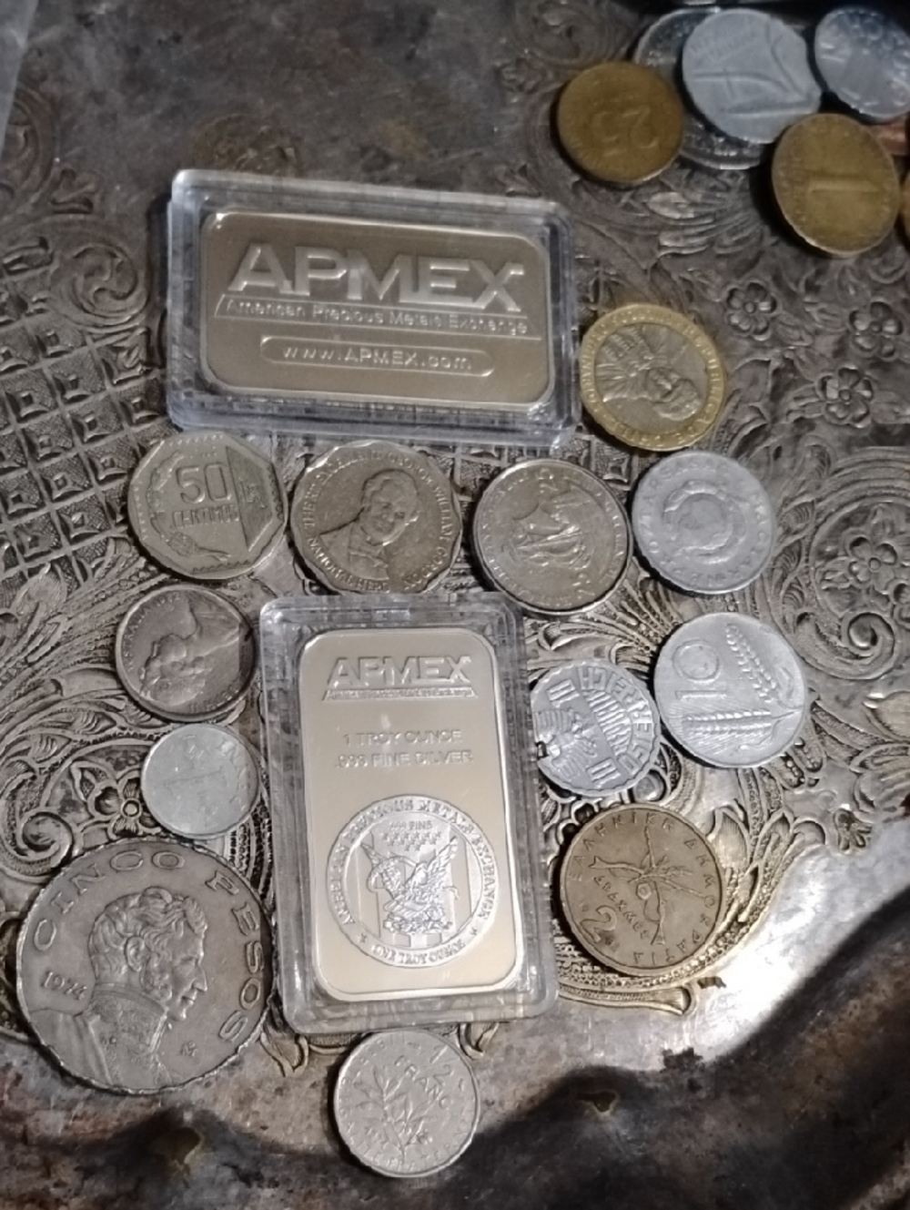 APMEX 1 oz Silver Plated Bars with Mixed World Coins - Silver Accent